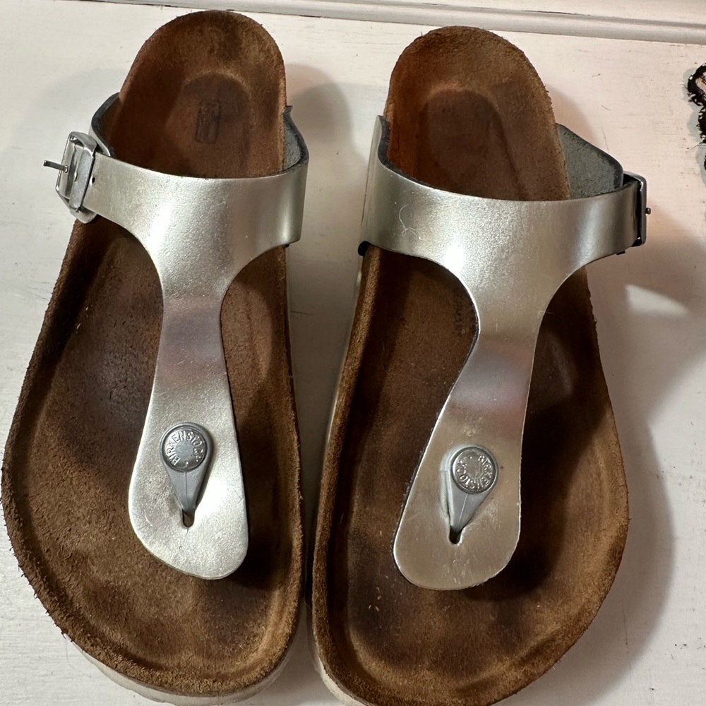 Birkenstock Gizeh Women’s Silver Thong Sandals Open Toed Summer Flats Beachwear